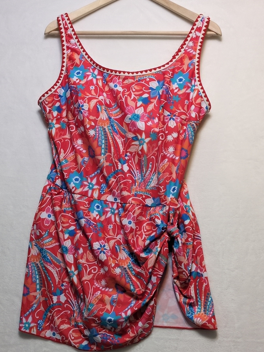 Rotita Floral Print Swimdress One Piece Swimsuit Womens XL Red Side Tie
